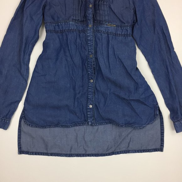 DIESEL Blue Medium Wash Chambray Logo Snap Button Belted Pleats Hi Low Hem Dress - Picture 7 of 11